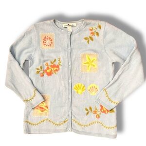 Claire Murray Cardigan Sweater Womens Medium Seashell Flowers Blue Button